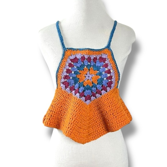Free People Festival Retro 70s Bella Crochet Halter Top XS Bohemian Coachella - Picture 7 of 15